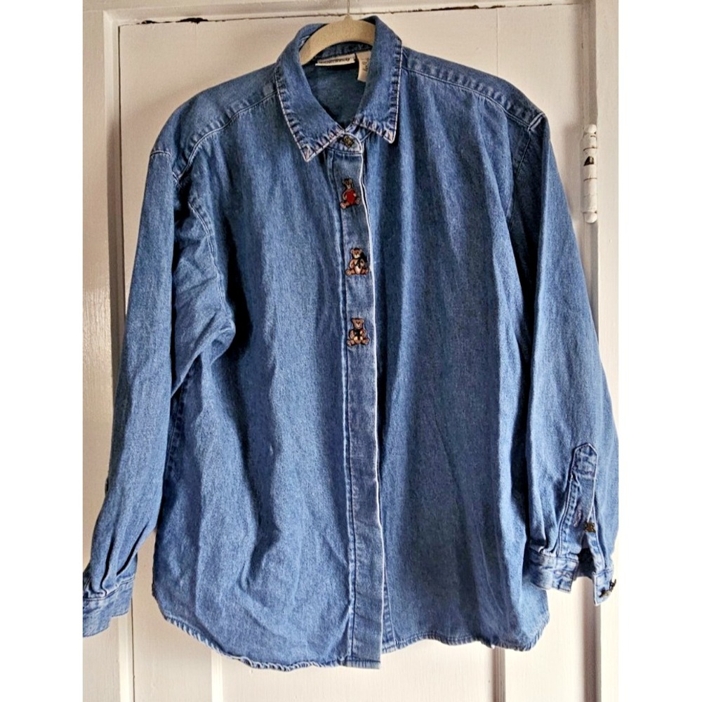 Vintage NORTHERN REFLECTIONS Teddy bear embridered denim shirt woman XL